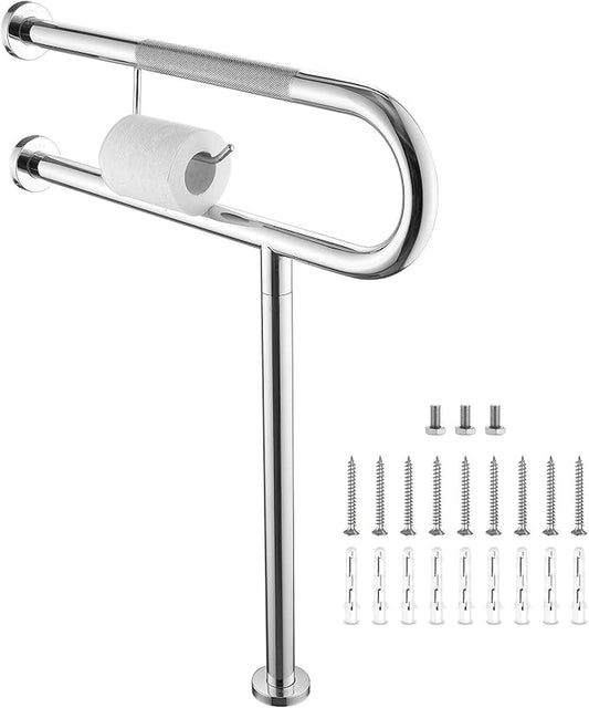 Toilet Grab Bar 24*27.5 Inch, Zynuhmo Anti-Slip U Shaped Support Rail with Paper Holder, SUS304 Stainless Steel Knurled Safety Handrails with Leg for Elderly Disabled Pregnant(1.25'' Dia Tube, Chrome)