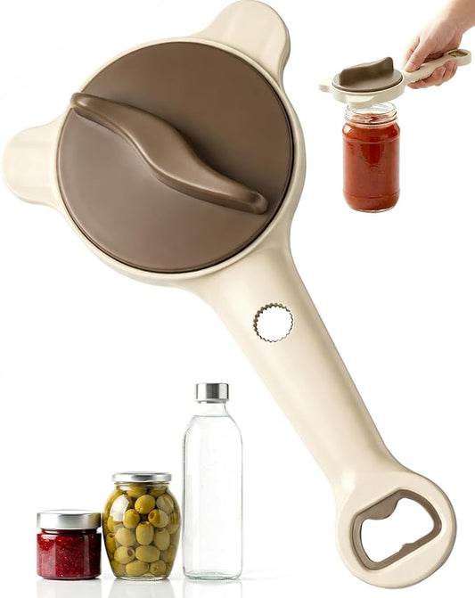 Jar Opener, 4-in-1 Adjustable Jar Openers for Seniors Arthritis Sufferers and Weak Hands, Stainless Steel Can Opener for Jars, Cans, Bottles, Beer Caps, Easy Grip Kitchen Tool (Beige)