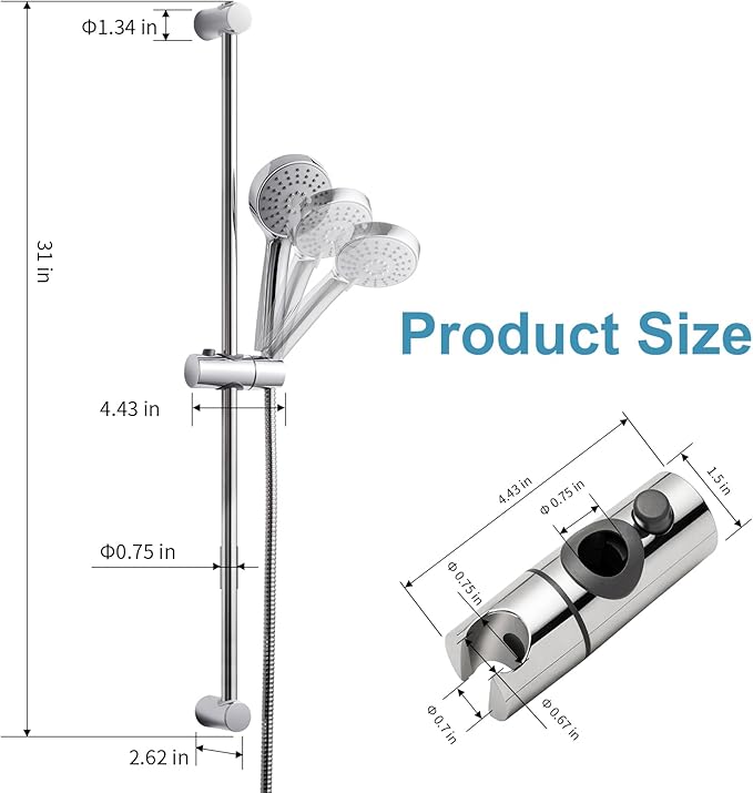 OFFO Shower Slide Bar Combo, Adjustable 31 in Slide Bar with 3-Mode Round Handheld Shower Head and 60 in Stainless Steel Hose, Screw Wall Mounted, Chrome Finish