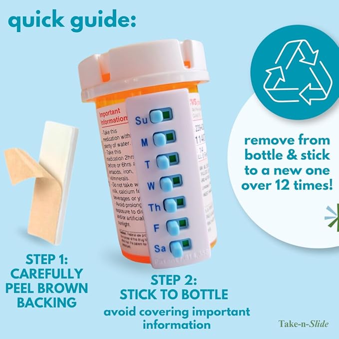 TAKE-N-SLIDE Peel and Stick Reusable for 12 + Refills, Pill/Medication/Vitamin/Pet Med Tracker & Reminder, Attach to Your Bottle, Organizer-Free, Curved‑Back, White & Blue (2-Pack, 1 Each)