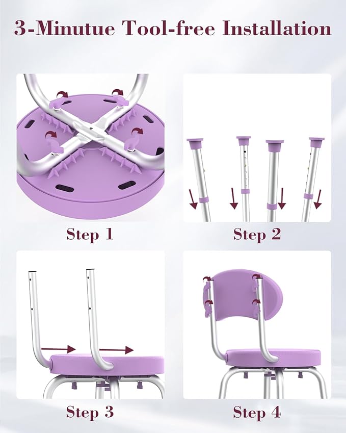 Swivel Shower Chair, 360° Non-Slip Shower Seat with Backrest for Elderly and Disabled, Height Adjustable Rotating Tub Bench for Seniors Bathroom Inside Shower with Compact Frame (Purple)