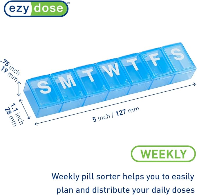 EZY DOSE Weekly (7-Day) Pill Organizer, Medicine Planner, Vitamin Organizer Box, Case for Supplements and Fish Oils, Convenient and Easy to Use Medium Compartments, Travel Friendly, Blue, BPA Free