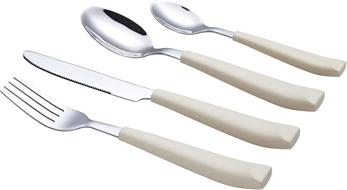 EXZACT 16-Piece Flatware Set for 4 – Colored Stainless Steel Cutlery with Wide Plastic Handles – Comfortable Tableware: Forks, Knives, Spoons, Teaspoons