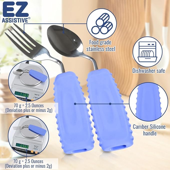 Adaptive Utensils Set – Ergonomic Angled Fork & Spoon for Parkinson's, Tremors, and Stroke Recovery – Weighted Utensils for Hand Tremors, Non-Slip Silicone Grip, Dishwasher Safe