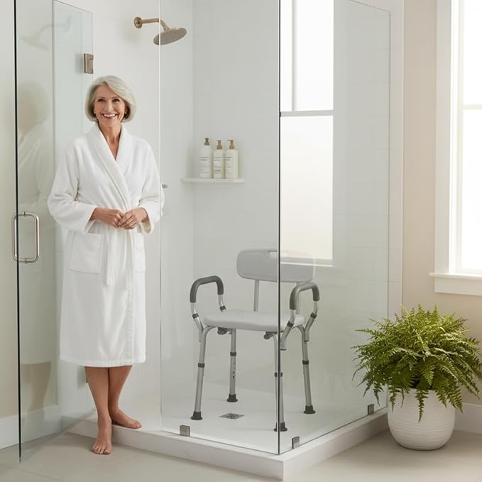 NOVA Bath & Shower Seat with Padded/Removable Arms & Back - for Seniors, Handicap & Medical Use, Adjustable Height, Aluminum Frame, Non-Skid Safety, Tool-Free Assembly, 300lb Weight Capacity