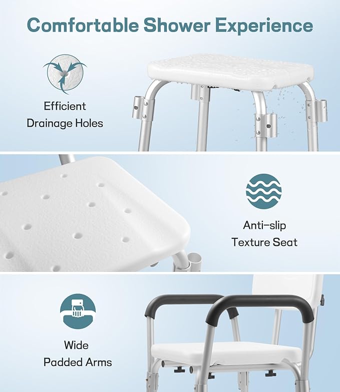 Shower Chair for Elderly and Disabled with Padded Armrests and Back, Adjustable Height Shower Seat, Tool-Free Heavy Duty Shower Chairs for Inside Shower, Handicap