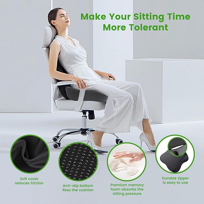 anzhixiu Wheelchair Seat Cushion, Deep U Relieve Sciatica, Back, Coccyx, Hemorrhoids Pain- Slope Curve Office Chair Cushion for Long Sitting Time- Black/Gray