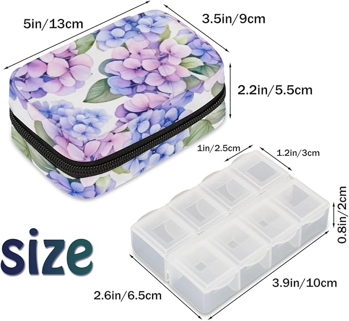 Watercolor Flower Pill Box Small Pill Travel Organizer 7 Day Weekly Purple Floral Medicine Pill Case Cute Compact Size Vitamin Container Pill Bottle Portable Pill Holder Bag with Zipper