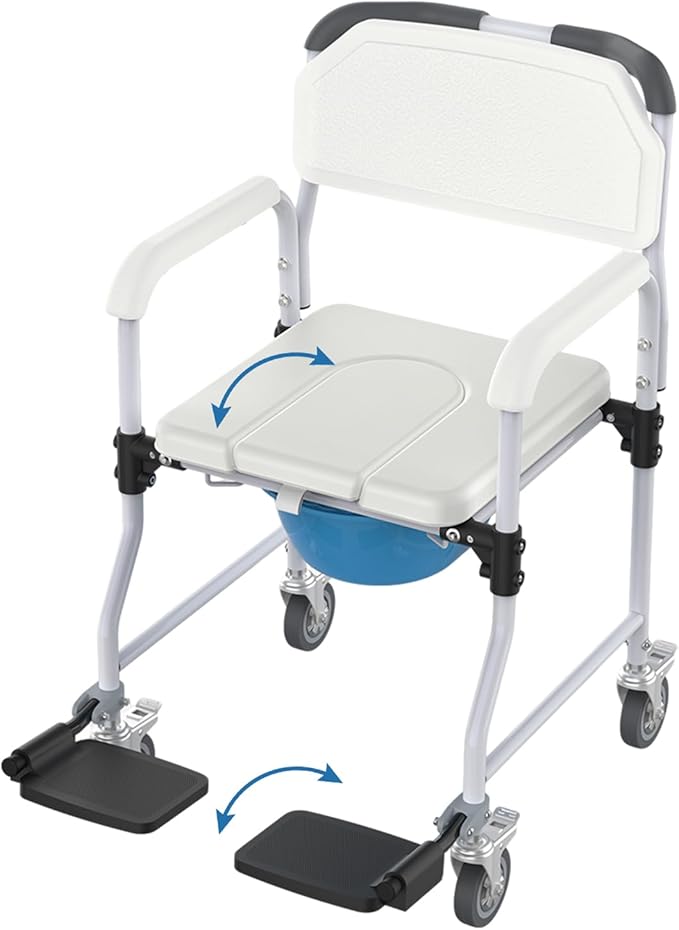 Bedside Commode Chair with 4 Lockable Wheels, 3 in 1 Wheelchair for Bathroom, Portable Toilet with Arms, Padded Seat, Footrests, Backrest for Elderly, Disabled Handicap & Seniors