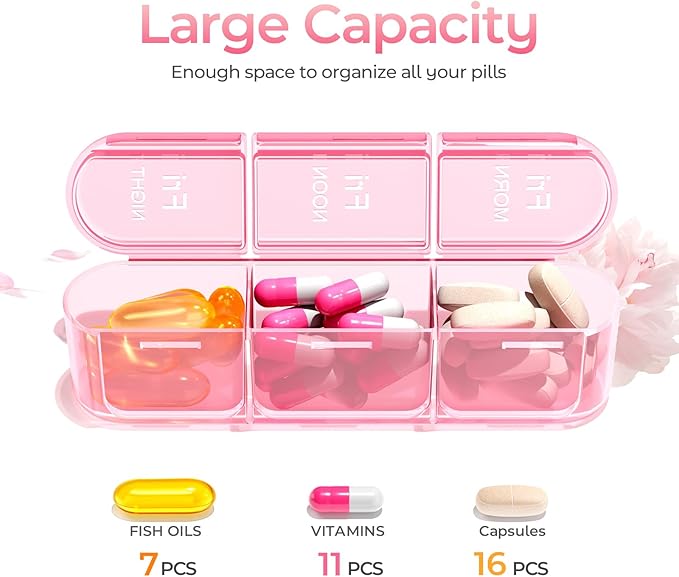 Daviky Pill Organizer 3X a Day, Weekly Pill Box 7 Day, Travel Pill Case with Large Containers, 3 Times Medcine Organizer for Vitamins, Medication, Supplements and Fish Oils (Pink)