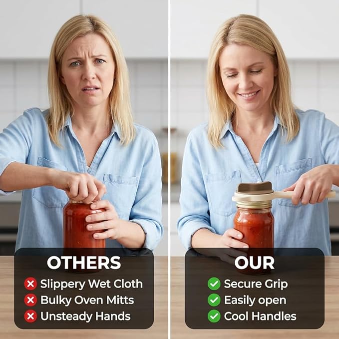 4-in-1 Jar Opener for Seniors -Adjustable Lid Opener with Non-Slip Grip, Stainless Steel Jar Lid Opener for Arthritis Sufferers, Fits Kitchen Jars, Bottles & Cans, Home Kitchen Helper(Brown)