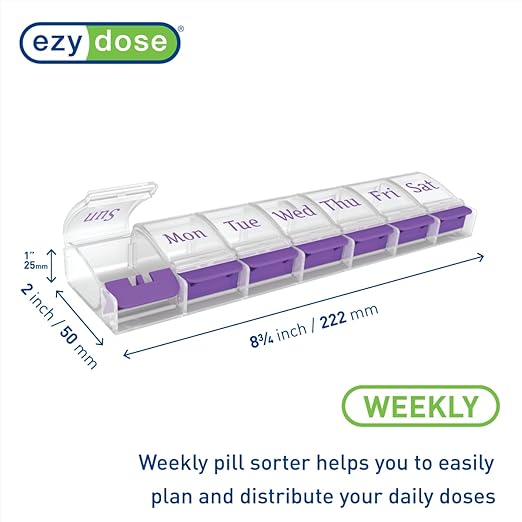 EZY DOSE Weekly (7-Day) AM/PM Daily Pill Organizer, Vitamin Case, and Medicine Container, X-Large Compartments, Arthritis Friendly, Convenient with Effortless Portability, Clear/Purple Lids, BPA Free