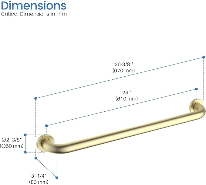 KIBI 24" Curved Bathroom Safety Grab Bar – Stainless Steel Shower & Bathtub Support Handle for Seniors, ADA-Style Anti-Slip Wall Mounted Rail, Rust-Resistant Brushed Gold Finish