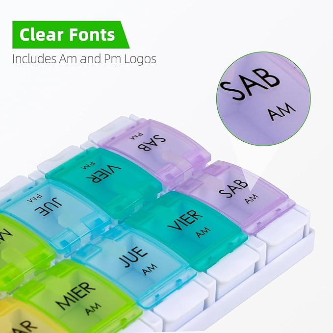 Spanish Pill Organizer 7 Weekly Two Times per Day AM PM with Spring Open Design, Medication Organizer Spanish, Vitamin Planner, Organizador de Pastillas en Español, Spanish Pill Box