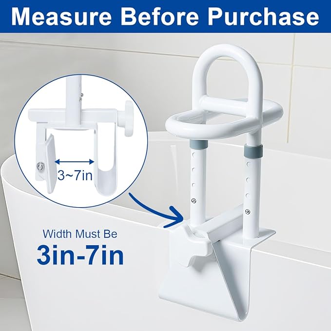 Adjustable Bathtub Safety Rail with Double Grip - Secure Tub Grab Bars for Seniors and Elderly, Fits 3" to 7" Wide Flat Tub Walls, Tool-Free Clamp On Bathroom Support Handle