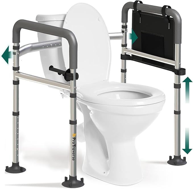 Adjustable Toilet Safety Frame with Handles - Foldable Bathroom Grab Bar for Elderly & Disabled, 350 lbs Capacity, Fits Any Toilet (Includes Tissue Holder & Storage Bag)