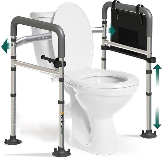 Adjustable Toilet Safety Frame with Handles - Foldable Bathroom Grab Bar for Elderly & Disabled, 350 lbs Capacity, Fits Any Toilet (Includes Tissue Holder & Storage Bag)