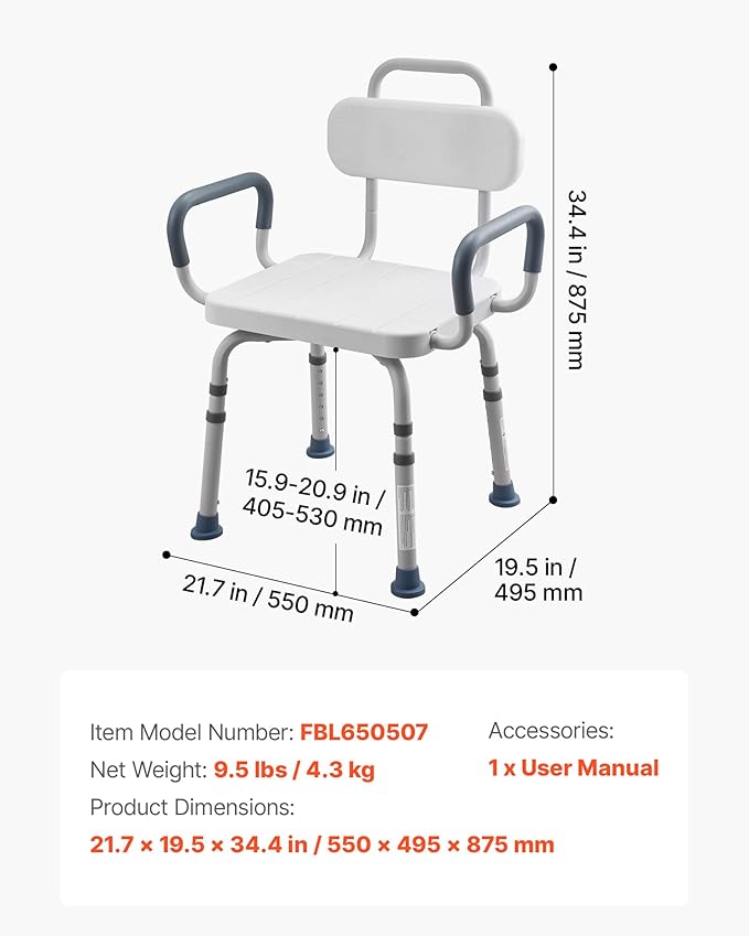VEVOR Swivel Shower Chair with Arms and Back, 400 lbs Heavy Duty Bench Seat for Inside Shower Stall and Bathtub, Height Adjustable Bathroom Bath Tub Seat for Adults, Seniors, Elderly and Disabled