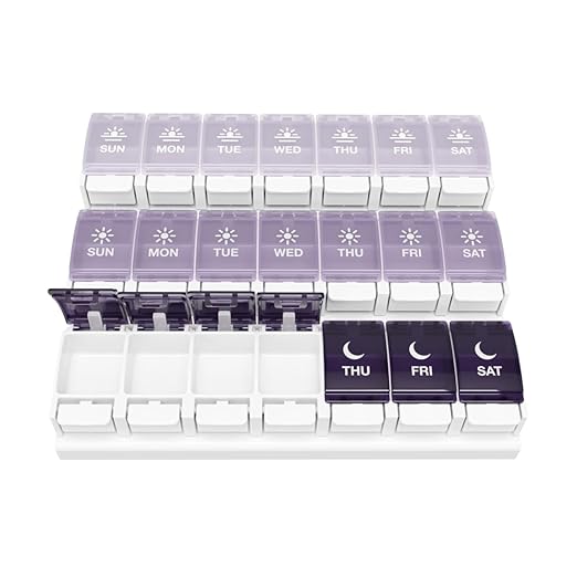 EZY DOSE Weekly (7-Day) Pill Case, Daily Medicine Planner, Vitamin Organizer Container, Large Push Button Compartments, Easy to Use, 3 Times a Day, Spring Open Design, Grayscale Lids, BPA Free