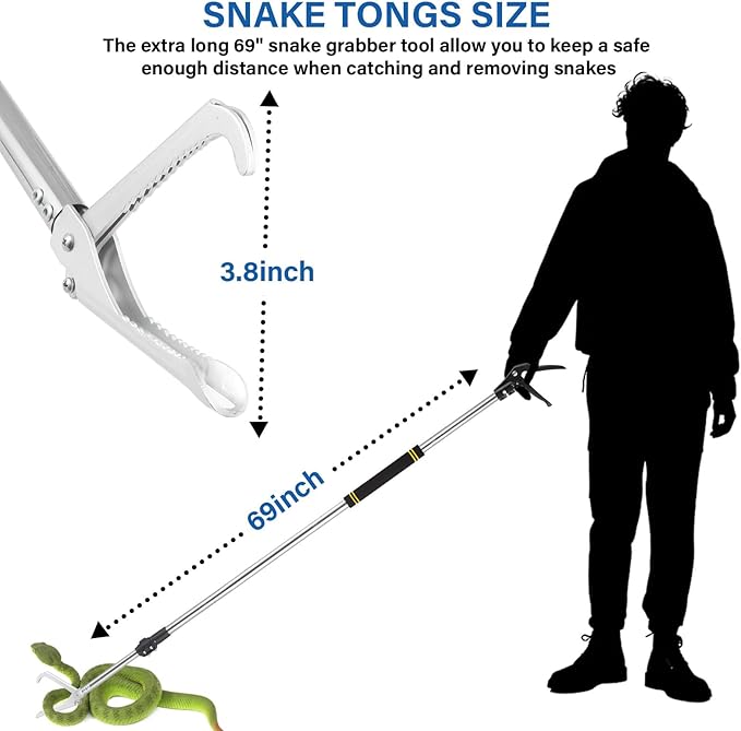 Snake Grabber Tool, 69inch Snake Tongs for Rattlesnake Reptile Tongs Long Reach Grabber Heavy Duty and Made of Stainless Steel Tube Sponge Handle (69inch (Black))