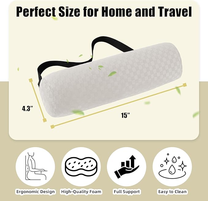 Lumbar Roll Pillow for Lower Back, Lumbar Support Foam Roll Cushion with Pillowcase and Upgraded Strap for Office, Chair, Car, Seat Pain Relief & Improving Posture (Cream, Long-15 * 4.3'')