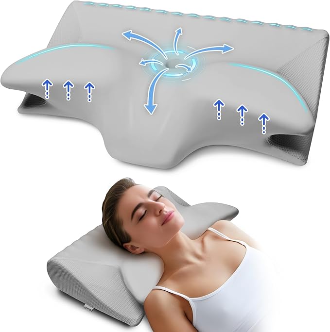 Cervical Pillow for Neck Pain Relief, Cooling Contour Memory Foam Pillows Support Odorless Ergonomic Neck Pillow Adjustable Orthopedic Bed Pillow for Side Back Stomach Sleeper with Pillowcase,Grey