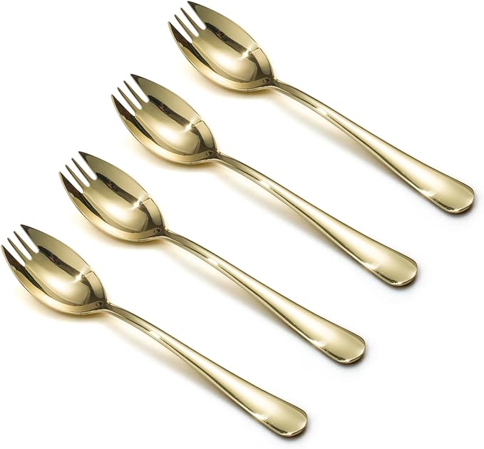 Alata Champagne Gold Mirror Sporks 4-Pack Set Stainless Steel Sporks, 7.4 Inches Long Handle Salad Forks For Dessert, Ice Cream, Salad, Soup, Noodle, Spaghetti, Dishwasher Safe