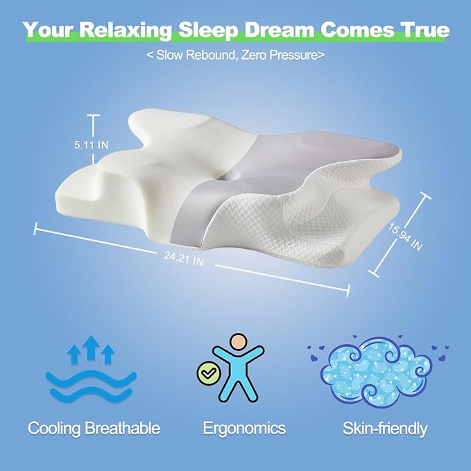 Cervical Neck Pillow – Ergonomic Neck Pain Relief Pillow, Contour Memory Foam Orthopedic Support, Ideal for Side Back Stomach Sleepers with Cooling Breathable Pillowcase