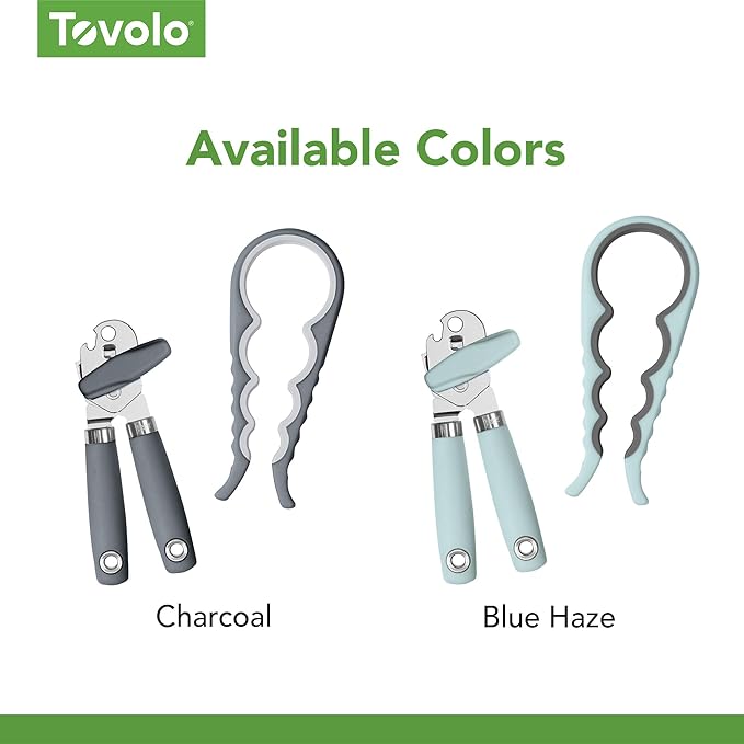 Tovolo Can and Jar Opener Set Manual Handheld Kitchen Tool with Comfort Grip Handles, Easy to Use Stainless Steel Jar and Smooth Edge Can Opener with Built In Bottle Cap Lifter, Blue Haze