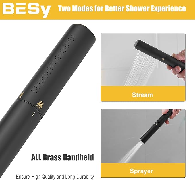 BESy Black Brass 2 In 1 Function Handheld Shower Head Set High Pressure 7 Inch Shower Head High Flow Hand Shower Wand with 59 Inch Hose, Bracket, Matte Black Finish