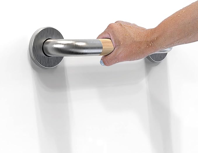 Safety Grab Bar for Bathroom & Toilet, Natural Bamboo Handle, ADA Compliant Balance Assist Handrail for Handicap and Seniors, 12in Brushed Nickel