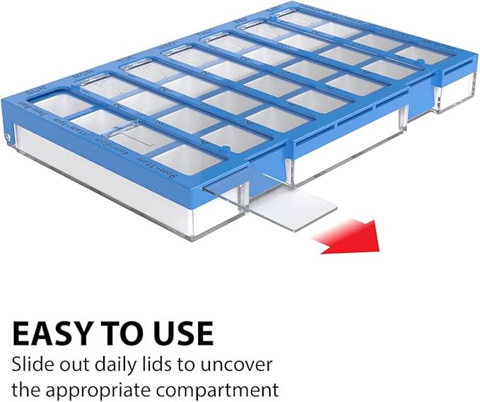 EZY DOSE Weekly AM/PM (7-Day) Daily Pharmadose Pill Planner, Medicine Case, Vitamin and Supplement Organizer, Large Easy Fill Compartments, 4 Times a Day, 28 Compartments, Clear Lids, Blue, BPA Free