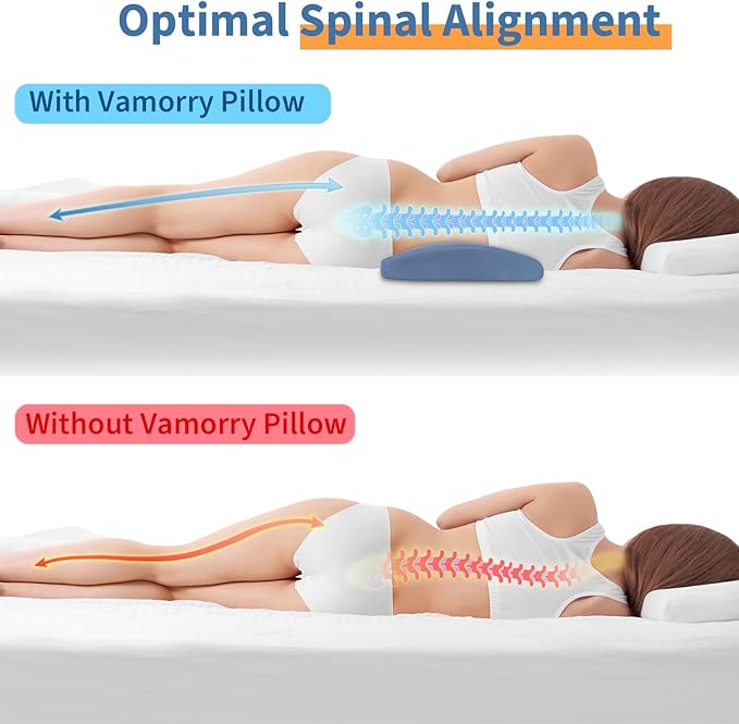 vamorry Lumbar Pillow for Sleeping, Lumbar Support Pillow for Bed for Back Pain Relief, Memory Foam Lower Back Pillow for Bed, Back Support Pillow for Side & Back Sleepers, Washable Cover