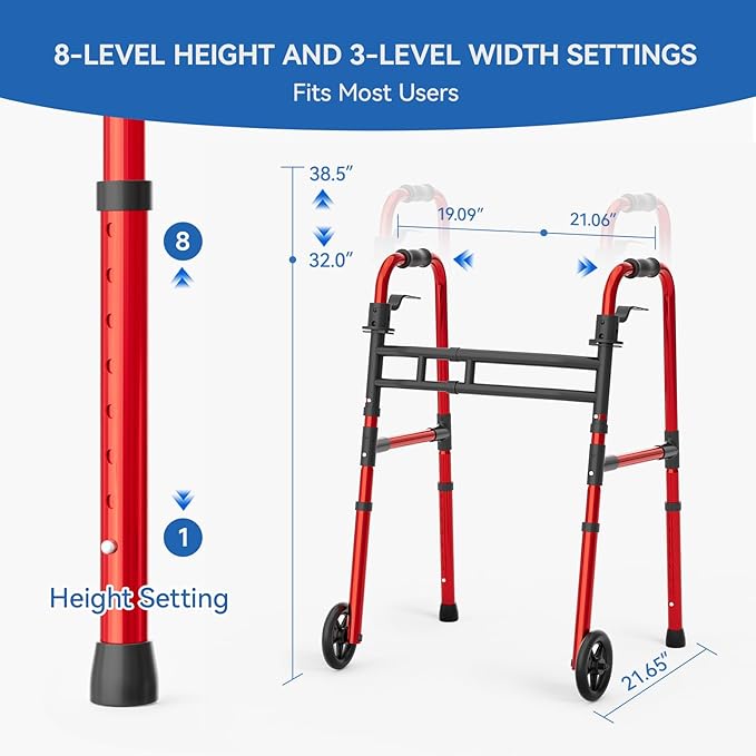 Loyoda Folding Walkers for Seniors Lightweight Walker with 5'' Front Wheel Height and Width Adjustable Aluminum Standard Walker for Elderly Handicap (Red)
