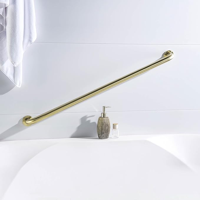 KIBI 36 Inch Stainless Steel Bathroom Safety Grab Bar | Curved Shaped Grab Bar for Bathtubs and Showers, Shower Safety Grab Bars for Seniors, Wall Mounted Anti-Slip Support (Brushed Gold, KGB1036)