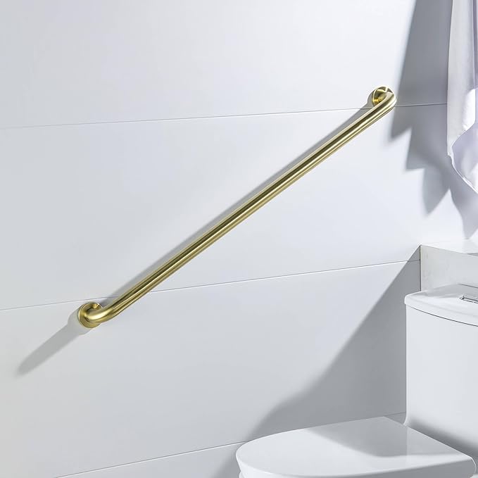 KIBI 36 Inch Stainless Steel Bathroom Safety Grab Bar | Curved Shaped Grab Bar for Bathtubs and Showers, Shower Safety Grab Bars for Seniors, Wall Mounted Anti-Slip Support (Brushed Gold, KGB1036)