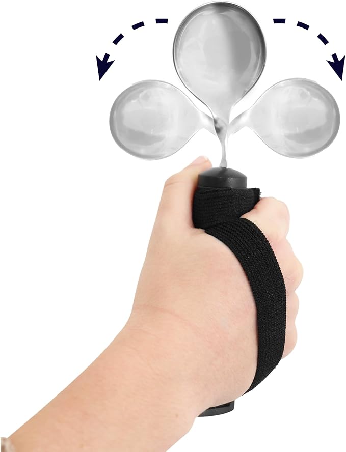KMINA Bilateral Adaptive Spoons for Disabled Adults with Velcro Strap (Swivel Angle), Bendable, Medical, Curved for Arthritic Hands and Parkinsons