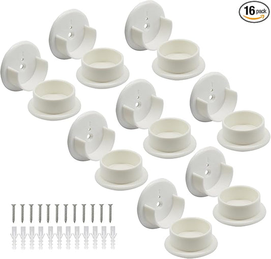 Murtenze 16 Pack Closet Rod Holders, 1-3/8" Plastic Tension Pole Bar Sockets Wardrobe Tube Rail Support Bracket, White U-Shaped Socket Bracket for Home Bathroom Shower