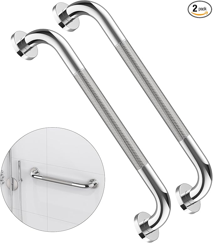 2 Pack 16 Inch Anti Slip Shower Grab Bar Handle, ZUEXT Chrome Stainless Steel Bathroom Grab Bar, Knurled Bathroom Balance Bar,Safety Hand Rail Support,Handicap Elderly Injury Senior Assist Bath Handle