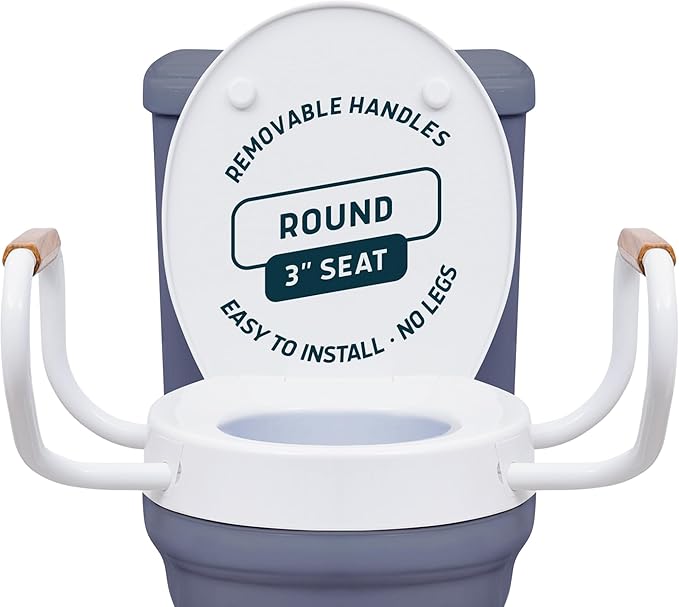 Lunderg Raised Toilet Seat with Handles - Round - Easy to Install Toilet Seat Risers for Seniors - Adds 3 Inches & Works like the one you’ve always used - Elegant design - No Hospital Vibe