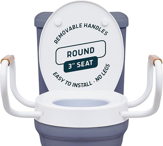 Lunderg Raised Toilet Seat with Handles - Round - Easy to Install Toilet Seat Risers for Seniors - Adds 3 Inches & Works like the one you’ve always used - Elegant design - No Hospital Vibe