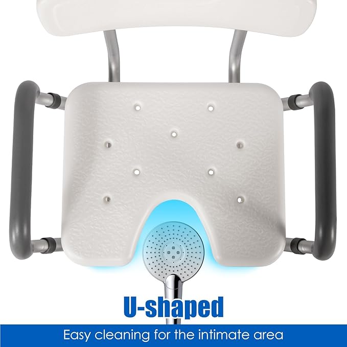 Shower Chair with Arms and Back, 330lbs Heavy Duty Bath Seat with U-Shaped Cutout, 21" Extra Wide Adjustable Shower Stool with 2 EVA Pads and Shower Head Holder, Tool-Free Assembly