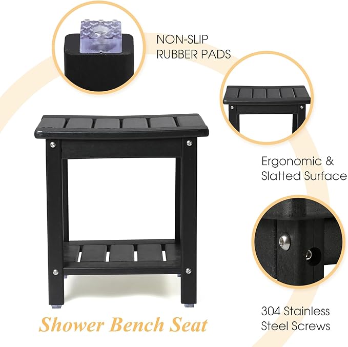 Apolimi Shower Chair,HDPE Shower Bench for Inside Shower to Sit On It, Shower Stool with Storage Shelf 2-Tier Spa Stool for Elderly,Water Resistant & Non-Slip Design Shower Seat Bench (Black S Size)