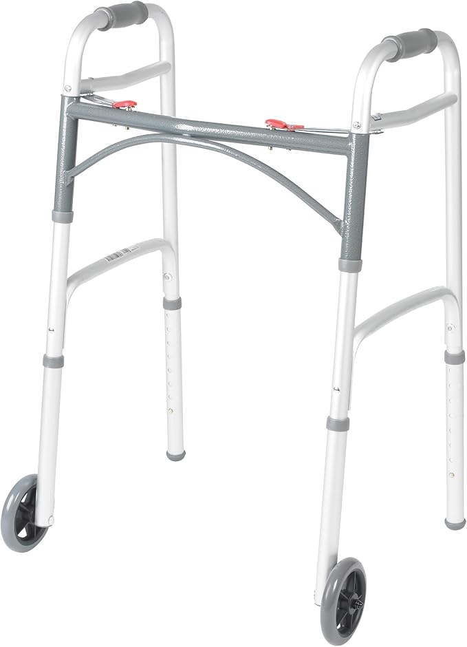 Drive Medical Two-Button Folding Walker With Wheels - Lightweight Rolling Mobility Support - Adjustable Height - Dual Push-Button Operation - 5 Inch Front Wheels - Durable Aluminum - Silver