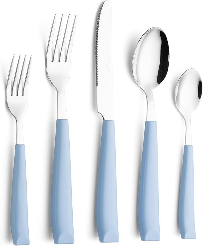 ANNOVA Silverware Set Stainless Steel Colorful Handle Tableware Kitchen Flatware Set Utensils, Includes Dinner Knives, Forks, Spoons, Salad Forks & Dessert Spoons (Light Blue25, 20 Pieces)
