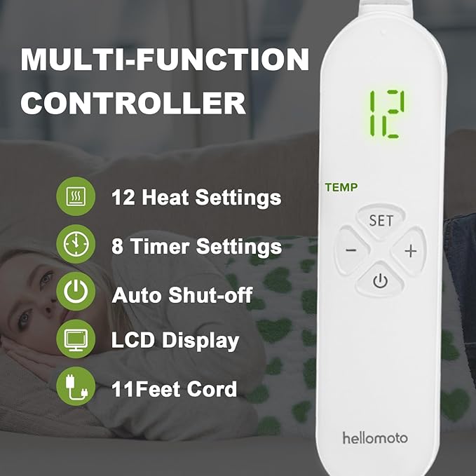 HELLOMOTO 12" x 24" Heating Pad for Back Pain Relief, 12 Heat Settings Electric Heating Pad for Neck and Shoulder, Machine Washable, Moist Heat Pad(Green)