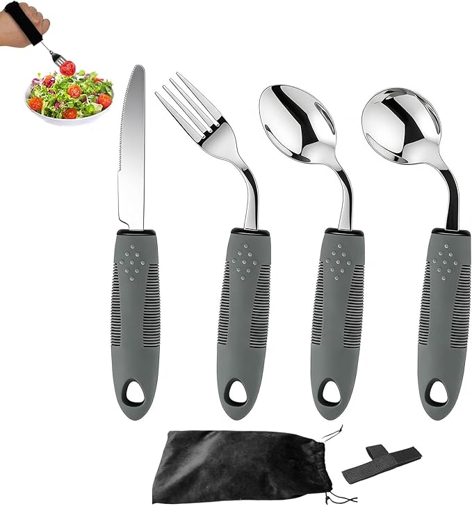Adaptive Weighted Utensils 4 Piece Set, Non Slip Grip Silverware for Elderly Adults, Easy Hold Assistive Eating Tools for Seniors (Right-handed)