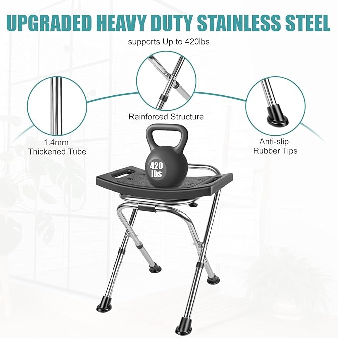 Height Adjustable Folding Shower Chair Seat, Stainless Steel Small Shower Chair for Inside Shower with,400lbs Portable Travel Shower Stool,Safety Anti-Slip Bath Chair for Seniors(Black)