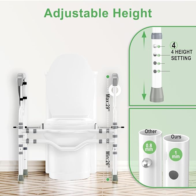Foldable Toilet Safety Rails for Seniors, Toilet Safety Frame Height Adjustable, Heavy Duty Bathroom Rail with Armrests, Bathroom Safety for Elderly and Disabled(400LBS)