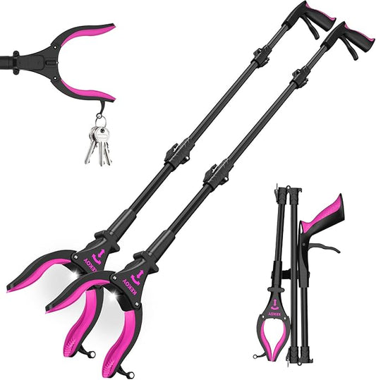 2 Pack 32'' Long Grabber Tool, Grabbers for Elderly Grab It Reaching Tool with Light, Grabber Reacher Tool Heavy Duty with Rotating Jaw & Magnets(Black Rose)